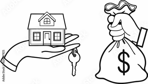 Buying a House Concept for Coloring. One Hand Holds the House and the Key, and the Second Hand Holds the Bag of Money. Loan Secured by Real Estate. Selling a House. Vector illustration
