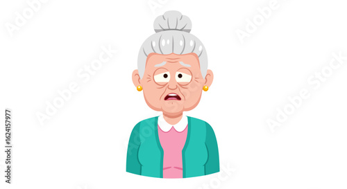 Expressive illustration depicting an elderly woman displaying a range of emotions and a hint of concern on a plain background