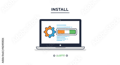 Digital Installation Process Displayed on a Laptop Screen with Progress Bar and Gear Icon indication of computer system activity running properly