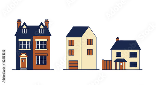 Stylized residential architecture showcasing a trio of unique detached houses on a white background perfectly capturing the essence of suburban living