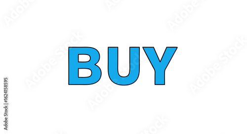 The word BUY in bright blue with a cartoonish outline promotes consumerism and purchasing goods available online or in brick and mortar stores