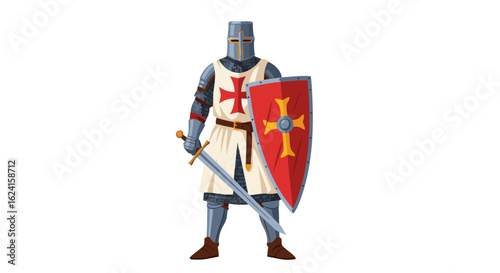 Enigmatic medieval crusader standing guard with sword and shield ready for combat representing courage honor and faith in the heart of the holy land