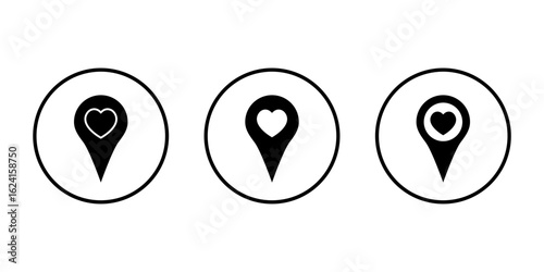 Location pin with heart icon set. Love place marker symbol in circular outline. Romantic GPS navigation concept