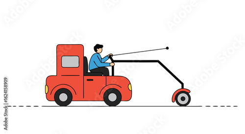 Cartoon character driving a unique hybrid car and scooter for efficient travel and commuting demonstrating innovative transport solution