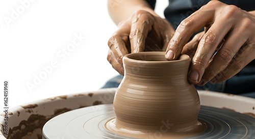 A detailed, close-up shot of a potter's hands skillfully shaping a piece of wet clay on a potter's wheel.