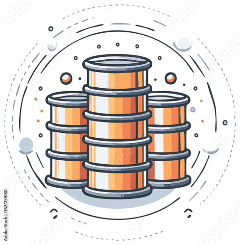 Stacked industrial barrels in cartoon style, fuel storage, energy resources concept art