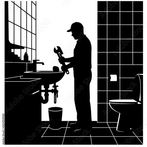 Silhouette of a plumber fixing a sink in a bathroom, using a wrench, showing pipes and a toilet in the background, suitable for repair, maintenance, or plumbing business promotion.