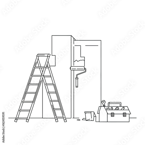 A clean line art illustration depicts home renovation tools, including a ladder, paint roller, and toolbox, set against a partially painted wall.
