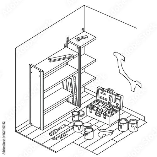 An isometric line art illustration depicts a home improvement project, showing a bookshelf being assembled in a room corner with various tools.