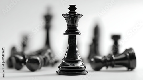 A sharp, realistic close-up of a chess king piece standing alone on a white surface, with all other chess pieces blurred and fallen in the background. The image symbolizes strategy, leadership, and su