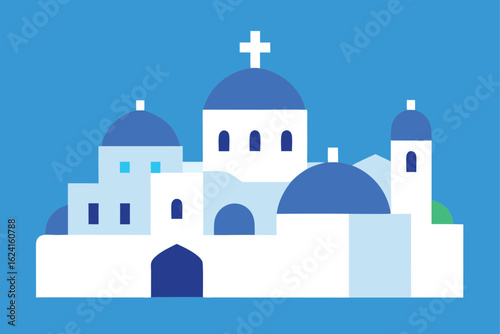 island village with white buildings and blue domes (1).eps