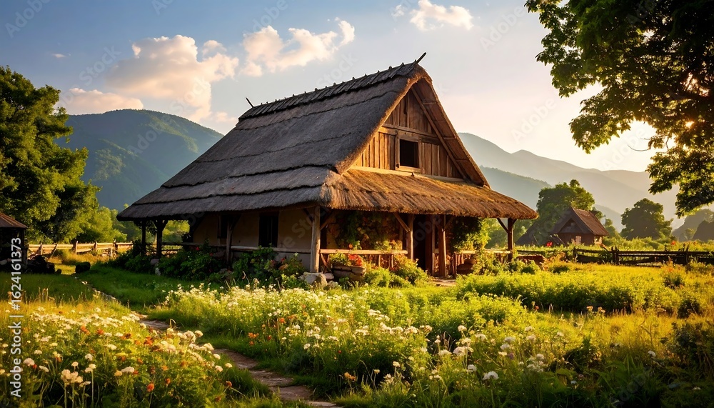 Fototapeta premium Rustic cottage nestled in a lush meadow with wildflowers with mountains and warm sunlight.