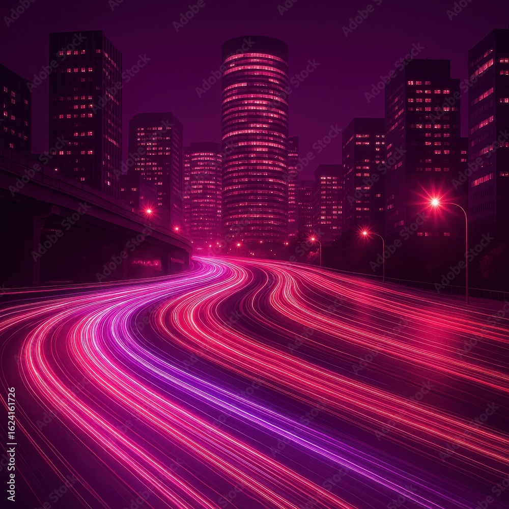 Fototapeta premium Cityscape at night with vibrant light trails on a highway