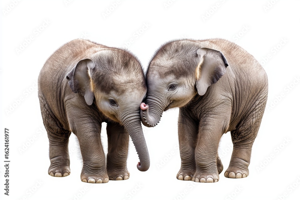 Fototapeta premium Two baby elephants playing together on white background