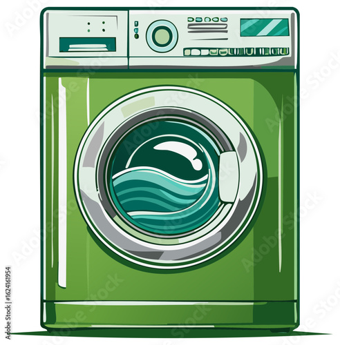 Eco friendly green front load washing machine with swirling water illustration