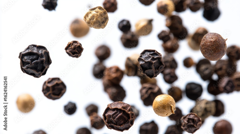 Obraz premium Macro Shot of Falling Black and White Peppercorns, Whole Spices on White