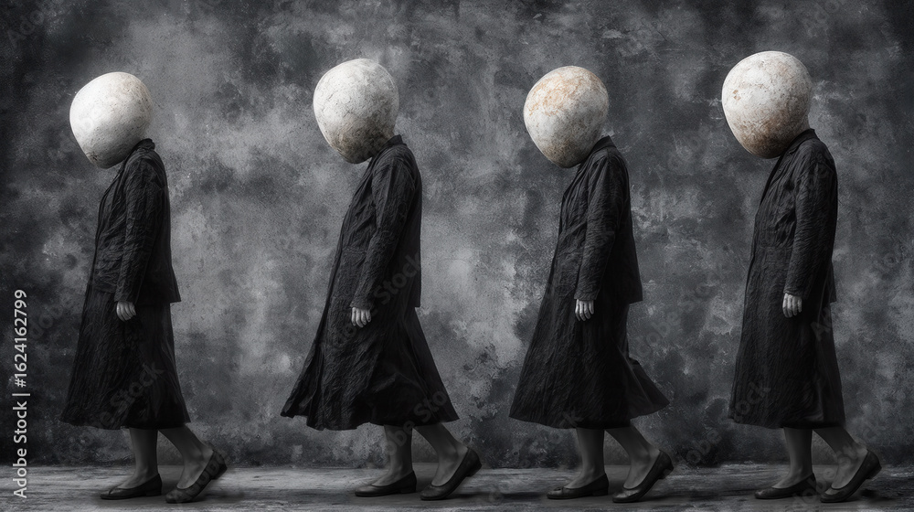 Naklejka premium Loss of self-identity. Four figures, each with a large, pale stone head, walk in unison against a textured, dark gray backdrop. Symbol of conformity. Macabre composition. Walking in procession.