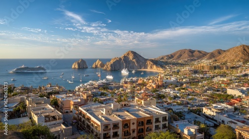 Scenic Cabo San Lucas Overview Coastline, Cruise Ships, Desert Mountains, Architecture