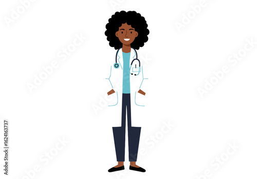Friendly Black female doctor in a white lab coat with a stethoscope, a confident healthcare professional vector character illustration.