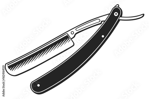 Monochrome illustration of a classic straight razor. A retro symbol of traditional men's grooming, barbershop culture, and sharp precision.