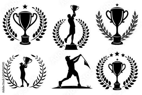 Set of black silhouette icons featuring golf champions, players, and victory trophies with laurel wreaths. Vector graphics for sports awards and achievements.