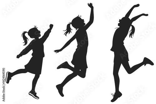 Energetic silhouettes of a little girl in motion. Three vector poses showing a child jumping, running, and celebrating, representing youth, freedom, and happiness.