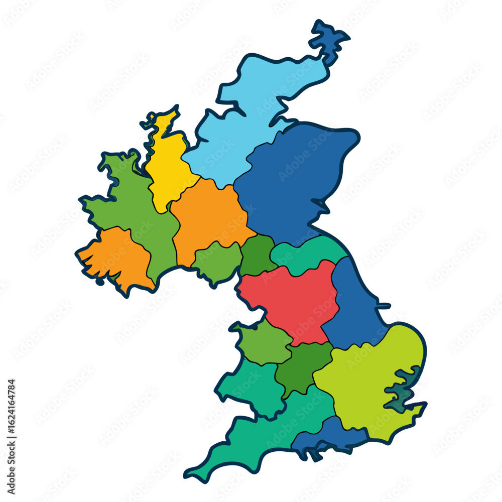 Obraz premium Colorful map of the united kingdom and ireland divided into regions