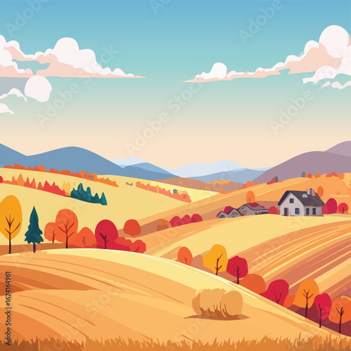 An autumn countryside shows golden hills with farmhouses and colorful trees