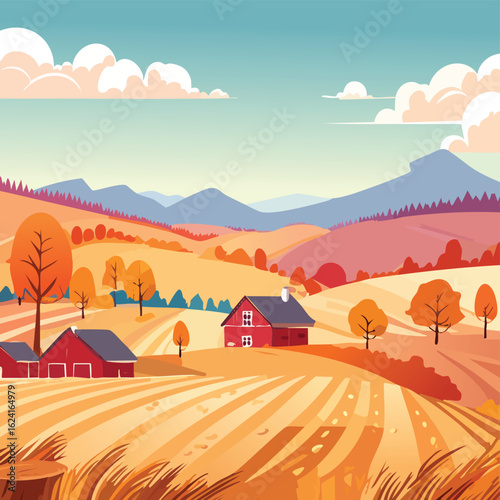 A peaceful autumn landscape shows rolling golden hills with farmhouses.