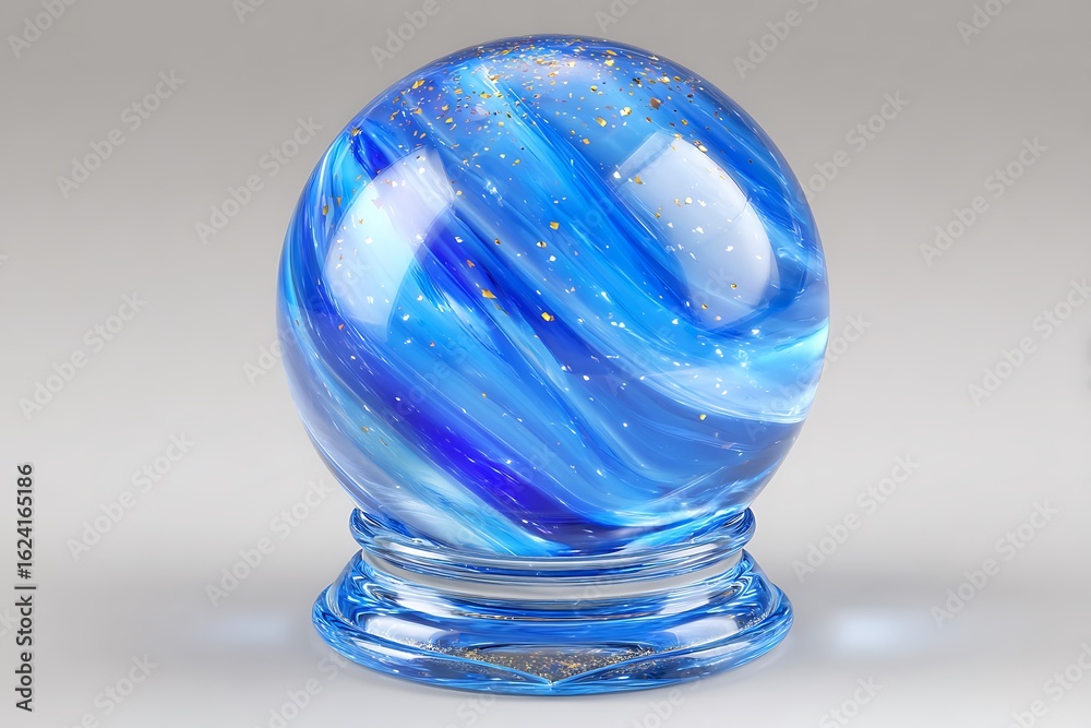 Swirling Blue Glass Orb with Gold Flecks Mystical Art on a Clear Stand. Swirling Blue Glass Orb with Gold Flecks Mystical Art on a Clear Stand.