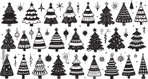 Seamless Christmas tree patterns and a festive set of winter holiday decorations with snow, stars, and snowflakes, perfect for New Year celebration card designs