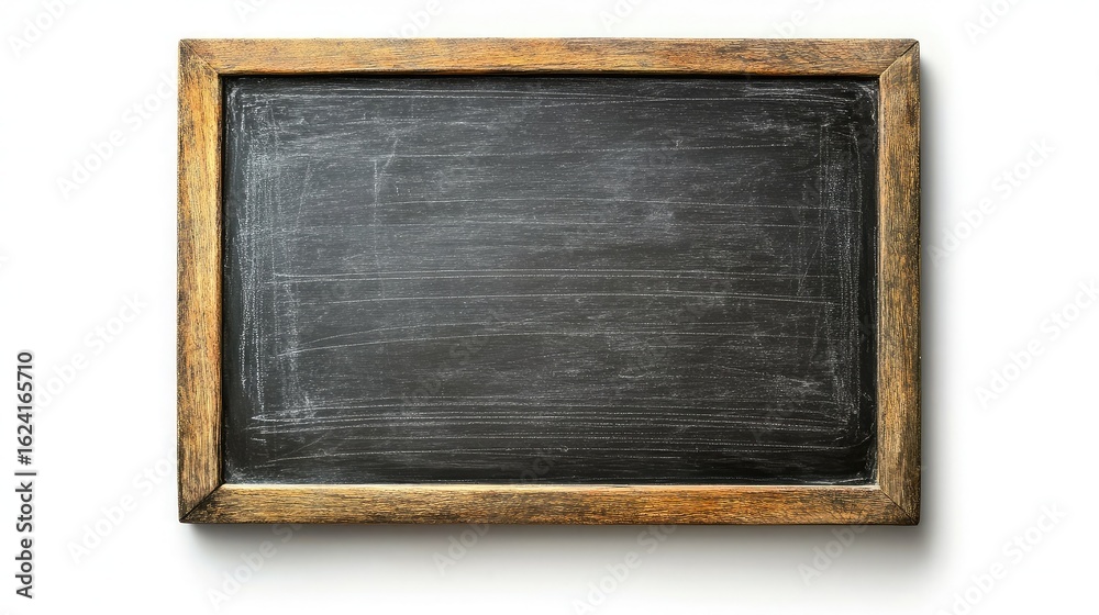 Fototapeta premium Isolated chalkboard with a wooden frame showing signs of use against a white background in studio shot