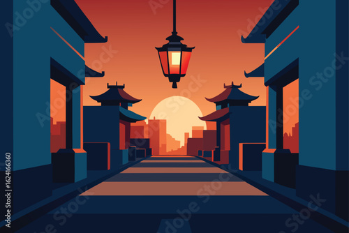 lantern lit street with chinese architecture  .eps
