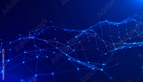 Glowing network of connected nodes and lines flowing over dark blue digital wave structure