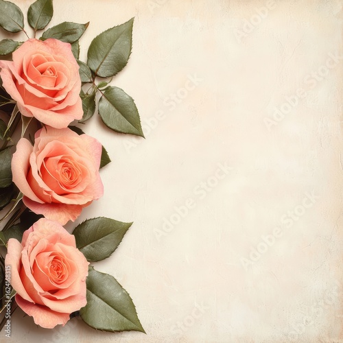 Soft Pink Roses with Green Leaves on Cream Background for Design