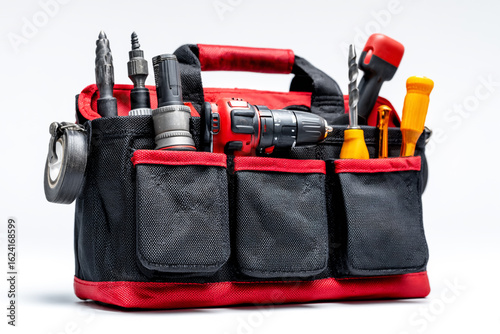 A black and red tool bag with various tools inside, including an electric drill.
