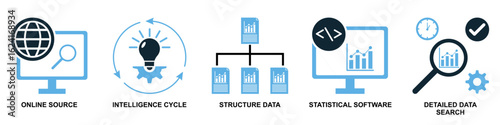 Set data analysis icon vector. Perfect for representing comprehensive data interpretation, statistical tools, or analytical processes