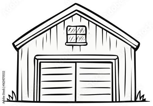 Illustration of a simple cartoon garage or shed with a door, window and grass