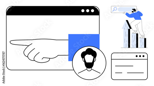 Hand pointing at screen, user avatar, person on bar graph searching for growth. Ideal for technology, user experience, data, progress, business strategy, leadership minimal flat metaphor