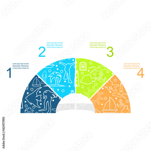 Leisure activity and vacation. Diver, fish, ship, palm and lifeguard tower. Four features or option of project to select. Minimal infographic illustration for travel information visualization.