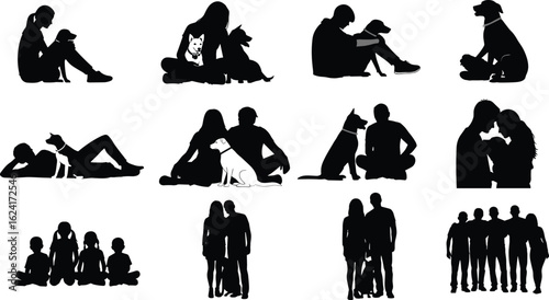 Silhouette collection depicting people, families, and their beloved dogs in various poses, symbolizing companionship, pet ownership, love, and emotional support.