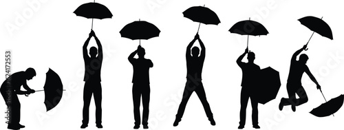 Silhouette collection of diverse people holding umbrellas in various poses, some flying or jumping, symbolizing freedom, protection, and unpredictable weather, on a white background, ideal for concept
