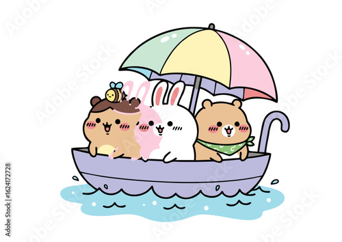 Cute Animals on a Boat with an Umbrella.