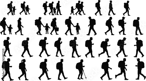 Silhouette, people, walking, hiking, family, travel, adventure, , backpacks, exploration, motion, teamwork, bonding, healthy lifestyle, scenic view, recreational activity, nature