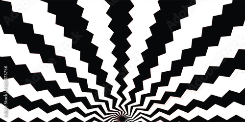 Abstract black and white zigzag radial pattern with a hypnotic, optical illusion effect, creating a dynamic and striking visual design.