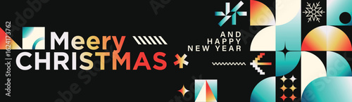 Merry Christmas Gradient Geometric Pattern Banner with Modern Typography and Colorful Festive Ornaments and Snowflakes Holiday Greeting Background Design