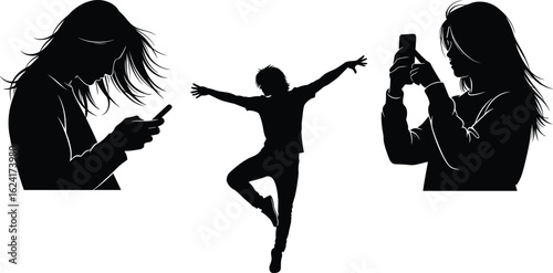 Silhouette of young people using mobile phones and dancing, modern lifestyle concept, communication, technology addiction, youth expression art illustration