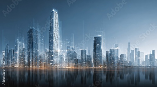 Futuristic city skyline reflected in water at dusk