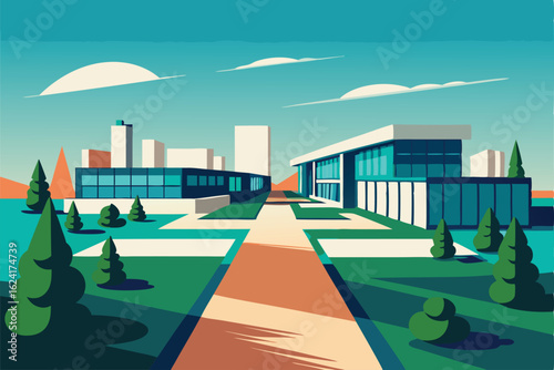 low rise business park vector with modern building.eps