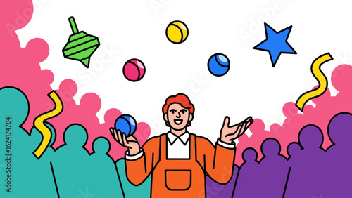Cartoon Juggler with Colorful Balls and Festive Elements.